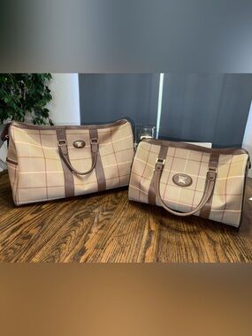Vintage Burberry Beige Check Travel Bag Duo with Brown Leather Trim